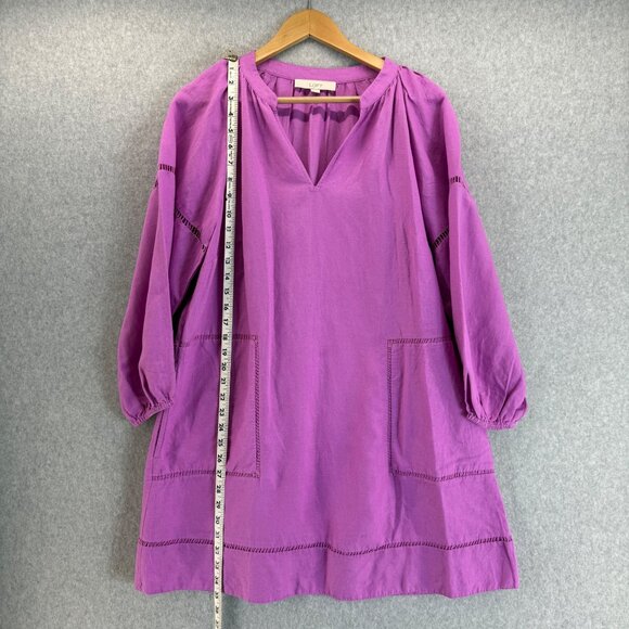 LOFT Purple Cutout Linen Blend Pocket Dress Tunic Womens Medium 3/4 Puff Sleeve - Picture 12 of 16